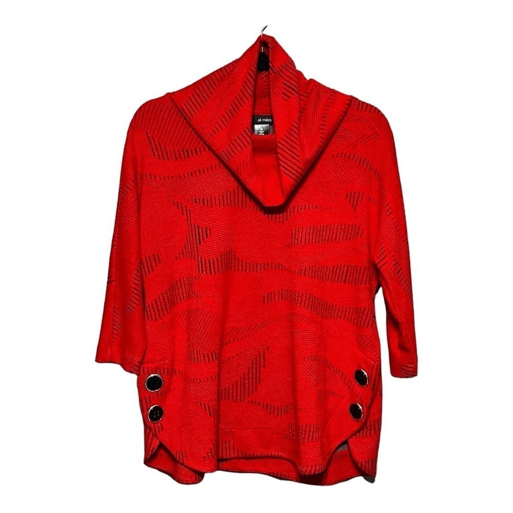 Ali Miles Cowl Neck Jacquard Tunic Top Red Black Quarter Sleeve Lagenlook PS